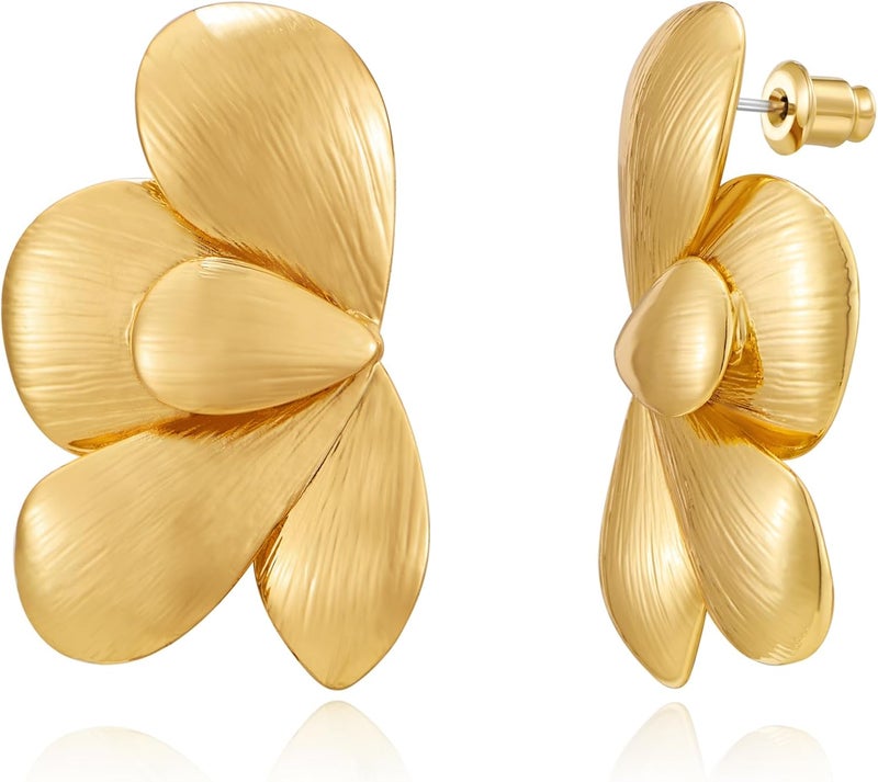 FAUTHENTICUTE Chunky Gold Statement Earrings For Women Gold Plated Sectored Flower Leaf Shell Angel Wing Earrings Large Stud Earrings Hypoallergenic Earrings - Image 1